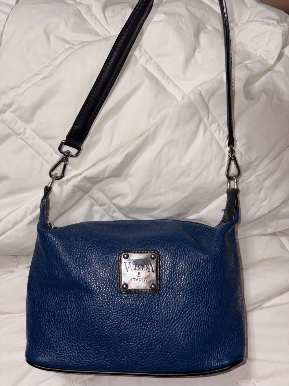 Like new Valentina Blue Pebbled Leather Shoulder Bag with silver Hardware